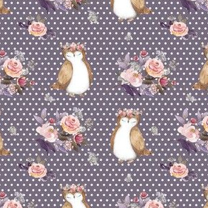 4" Owl & Floral Bouquet / Lilac & White Polka Dots