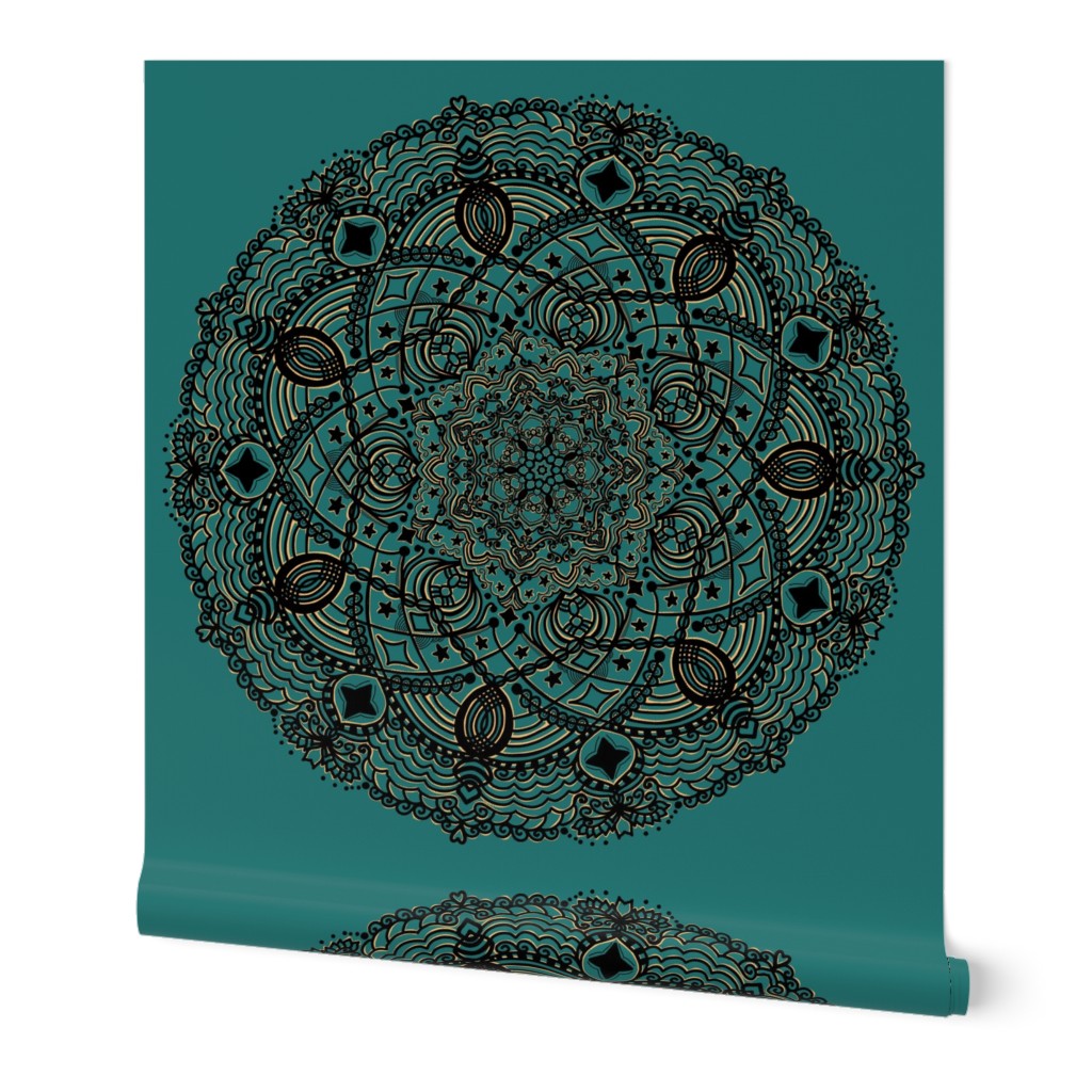 Mandala Black Gold on Teal Green