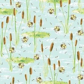 Summer Pond watercolor with Bees, Lily pads and Cattails hand-painted Watercolor on light blue,  kids, nursery, gender neutral baby
