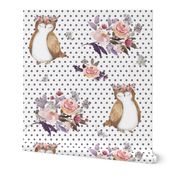 8" Owl & Floral Bouquet / White & Lilac Polka Dots