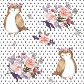 8" Owl & Floral Bouquet / White & Lilac Polka Dots