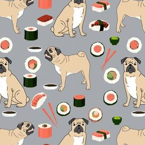 pug sushi fabric cute dogs and sushi japanese food - grey