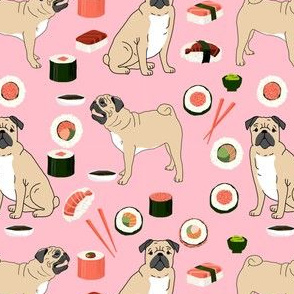 pug sushi fabric cute dogs and sushi japanese food - pink