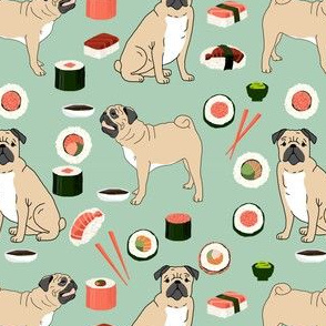 pug sushi fabric cute dogs and sushi japanese food - mint