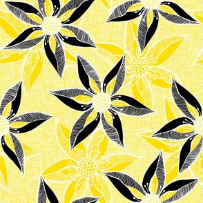 Love Blooms in Sunshine (# 7) - Daffodil Yellow on Icy Cream Linen Texture with Buttery Yellow and Black - Large Scale