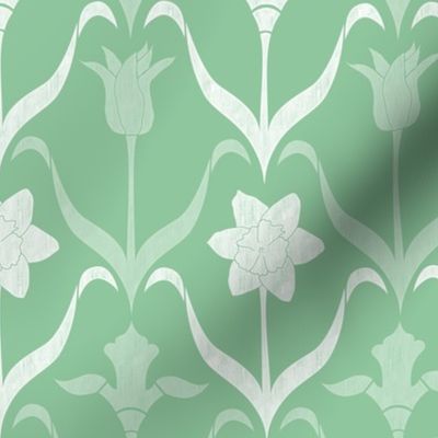 Art Nouveau Flowers - Mint Green White