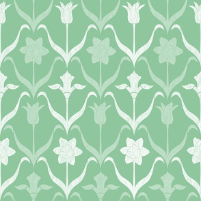 Art Nouveau Flowers - Mint Green White