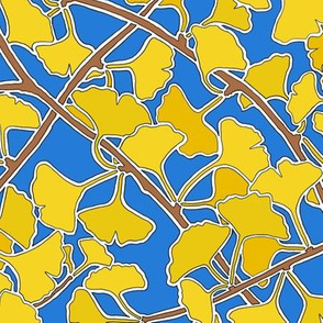 Ginkgo Leaves in Yellow on Dark Blue
