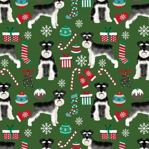 Schnauzer black and white christmas presents stockings candy canes winter fabric green