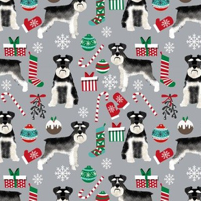 Schnauzer black and white christmas presents stockings candy canes winter fabric grey