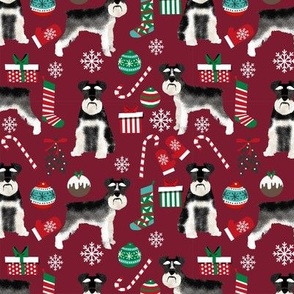Schnauzer black and white christmas presents stockings candy canes winter fabric ruby