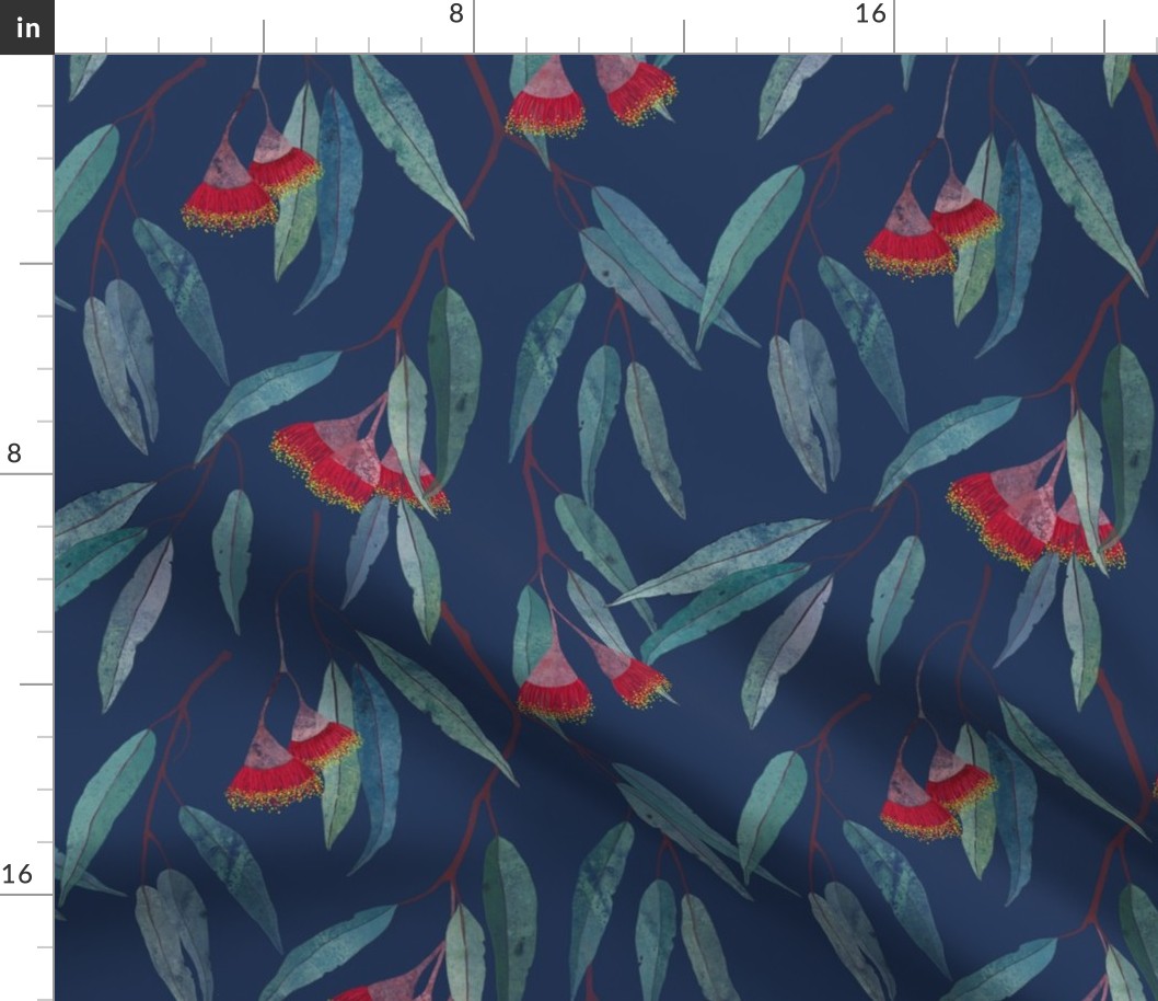 Eucalyptus leaves and flowers on blue /1/ scale 