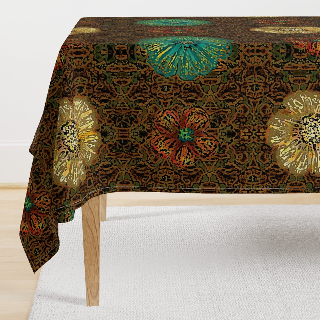 24" LARGE Hand painted Earth Brown/Multi Exotic Floral on Ikat Batik