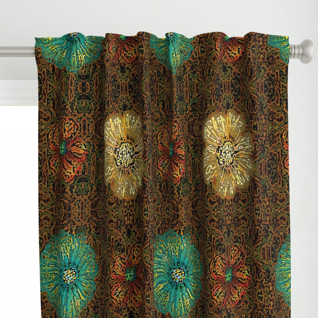 24" LARGE Hand painted Earth Brown/Multi Exotic Floral on Ikat Batik