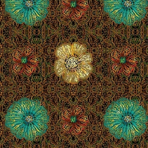 12" Hand painted Earth Brown/Multi Exotic Floral on Ikat Batik