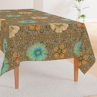 24" LARGE Hand painted Taupe/Multi Exotic Floral on Ikat Batik