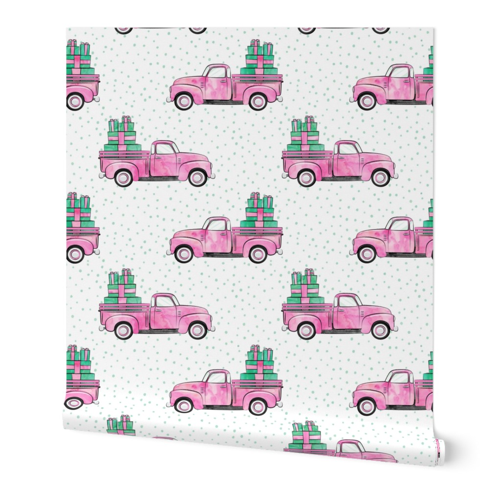 vintage truck with gifts - watercolor bright pink