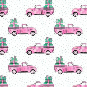 vintage truck with gifts - watercolor bright pink