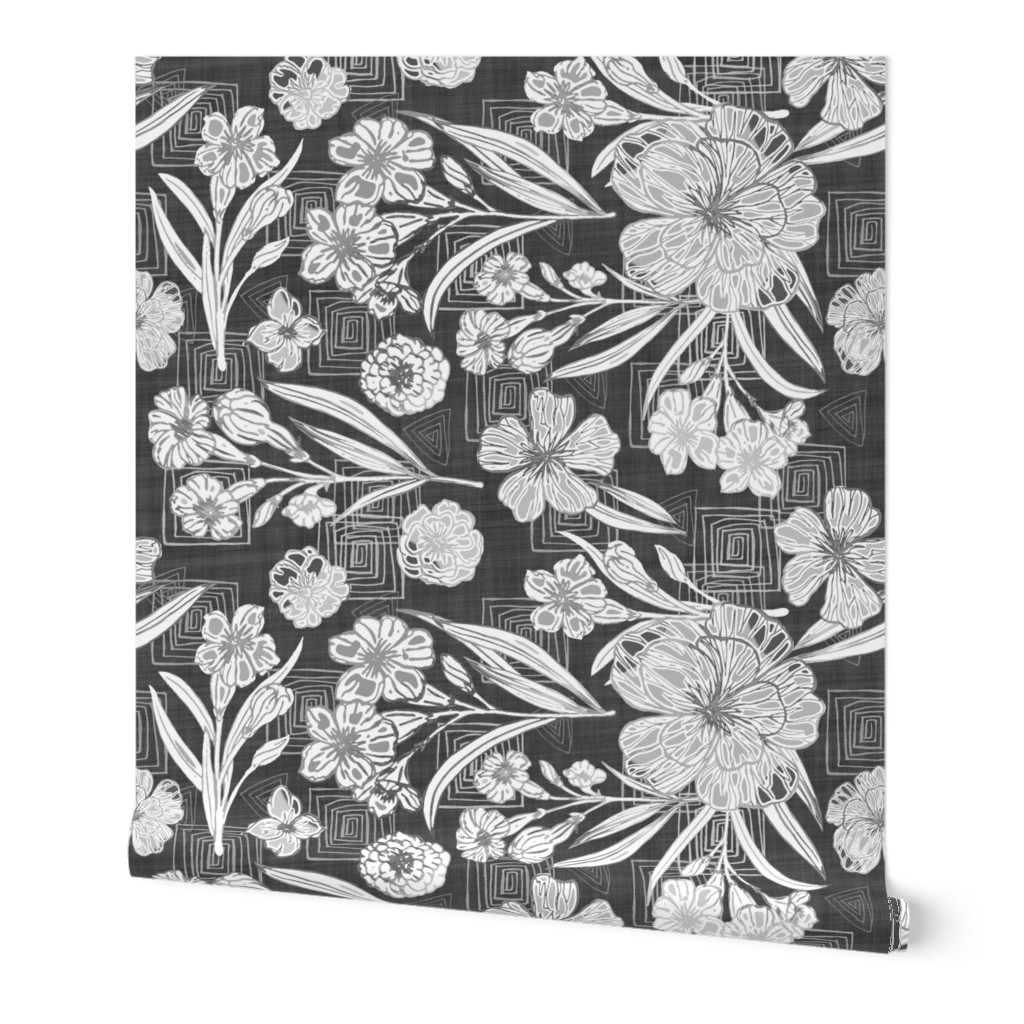 Slate gray, Block Print Botanical