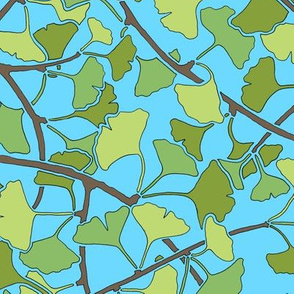 Green Ginkgo Leaves on Bright Blue