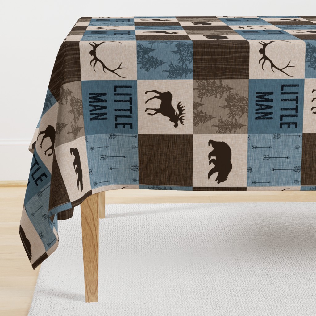 Little Man Woodland Quilt - blue and brown -  bear, moose, antlers, hunting