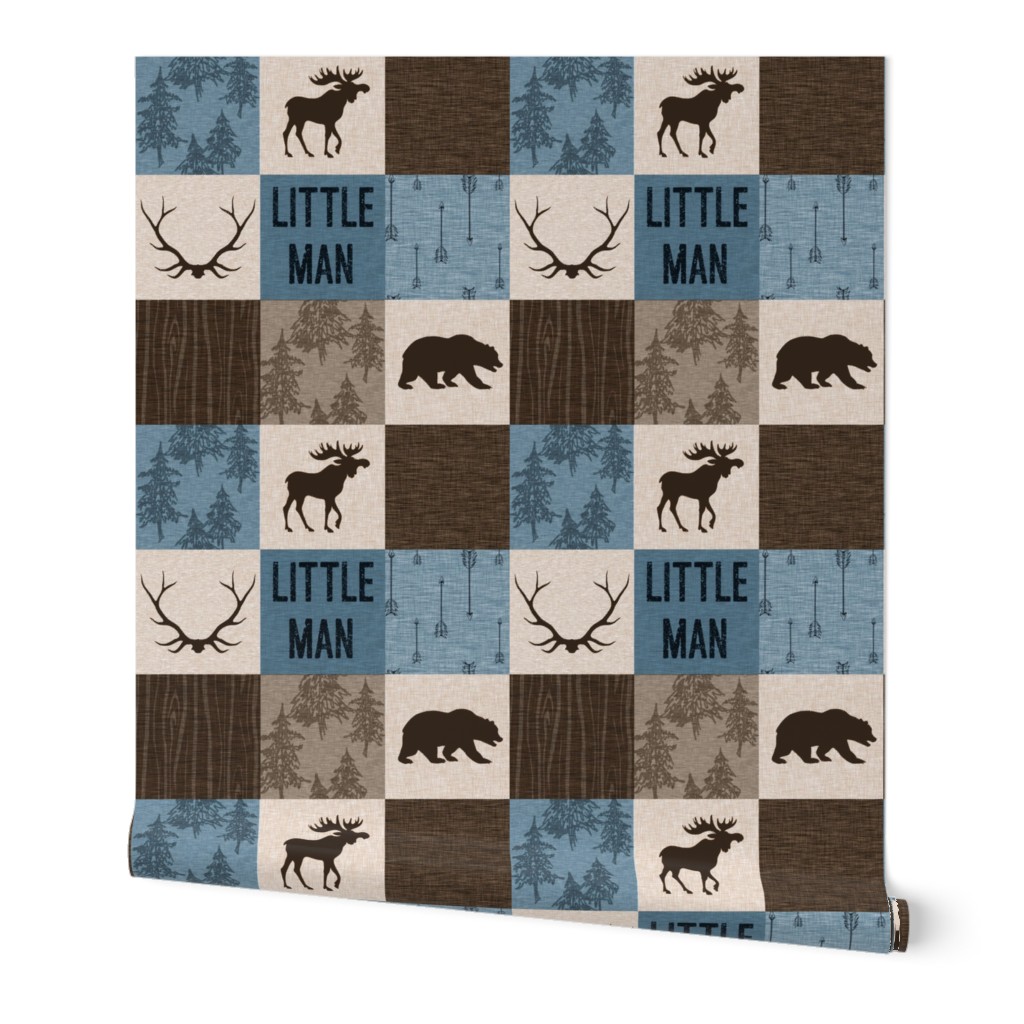 Little Man Woodland Quilt - blue and brown -  bear, moose, antlers, hunting