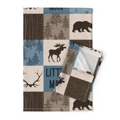 Little Man Woodland Quilt - blue and brown -  bear, moose, antlers, hunting