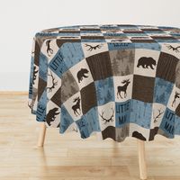 Little Man Woodland Quilt - blue and brown -  bear, moose, antlers, hunting