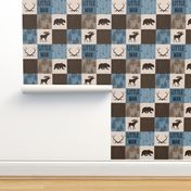 Little Man Woodland Quilt - blue and brown -  bear, moose, antlers, hunting