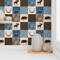 Little Man Woodland Quilt - blue and brown -  bear, moose, antlers, hunting