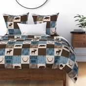 Little Man Woodland Quilt - blue and brown -  bear, moose, antlers, hunting