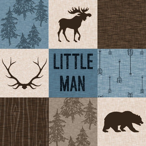 Little Man Woodland Quilt - blue and brown -  bear, moose, antlers, hunting