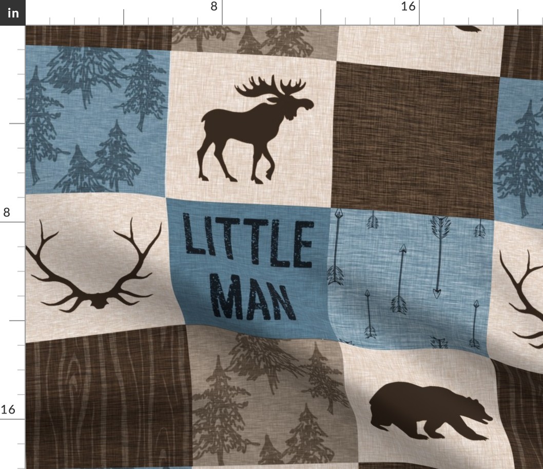 Little Man Woodland Quilt - blue and brown -  bear, moose, antlers, hunting