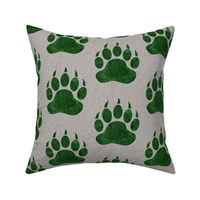 5” Bear Paw - Forest Green Watercolor on Light Taupe Linen