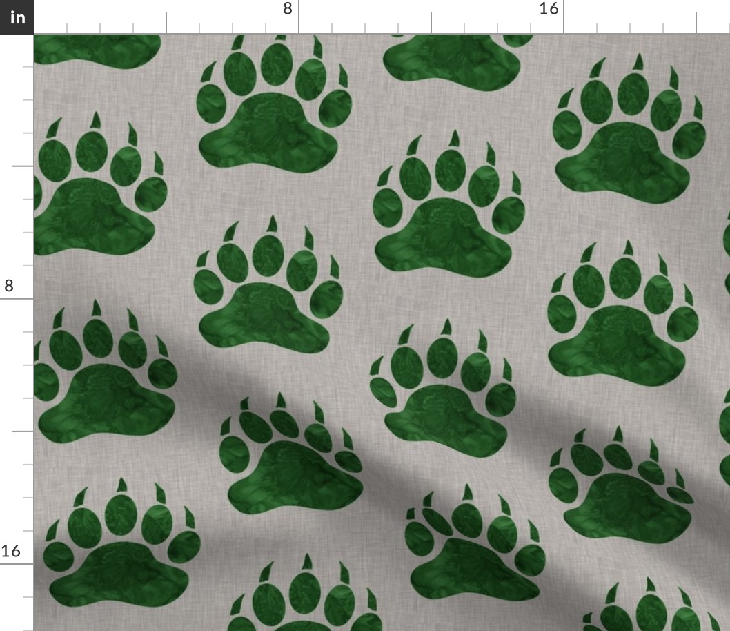 5” Bear Paw - Forest Green Watercolor on Light Taupe Linen