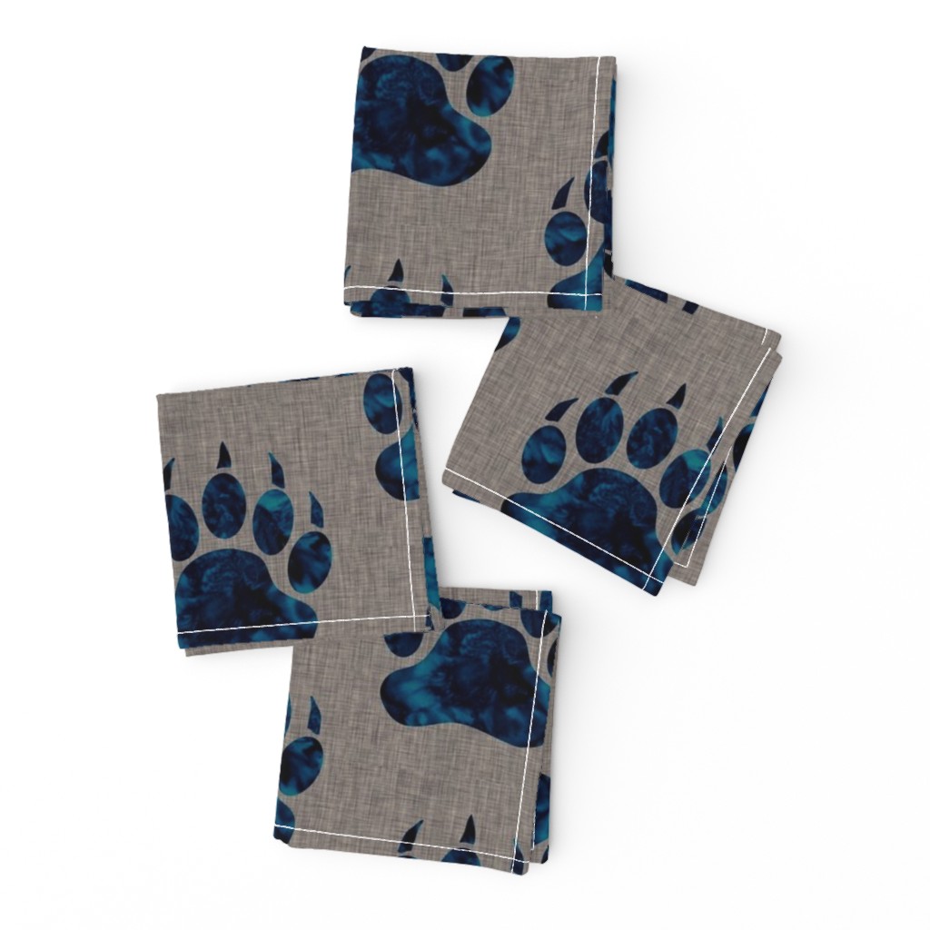 5” Bear paw - navy watercolor on dark taupe linen