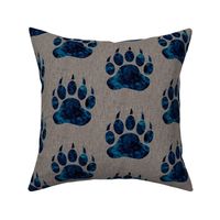 5” Bear paw - navy watercolor on dark taupe linen