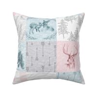 Woodland Snow Quilt for Girls - deer, Fawn, fox, Plaid, arrows in pink, Aqua, grey, and white