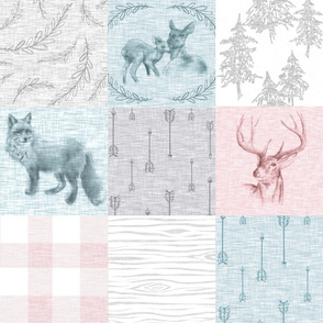 Woodland Snow Quilt for Girls - deer, Fawn, fox, Plaid, arrows in pink, Aqua, grey, and white