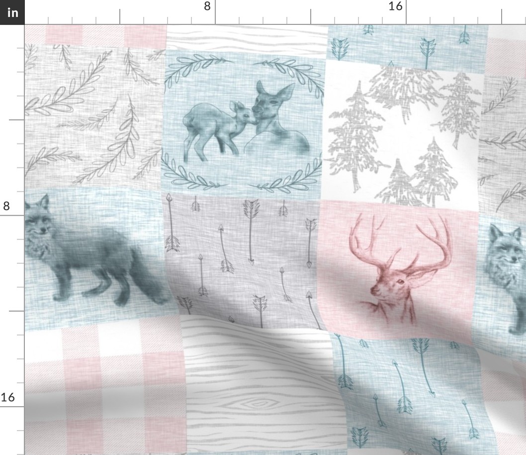 Woodland Snow Quilt for Girls - deer, Fawn, fox, Plaid, arrows in pink, Aqua, grey, and white