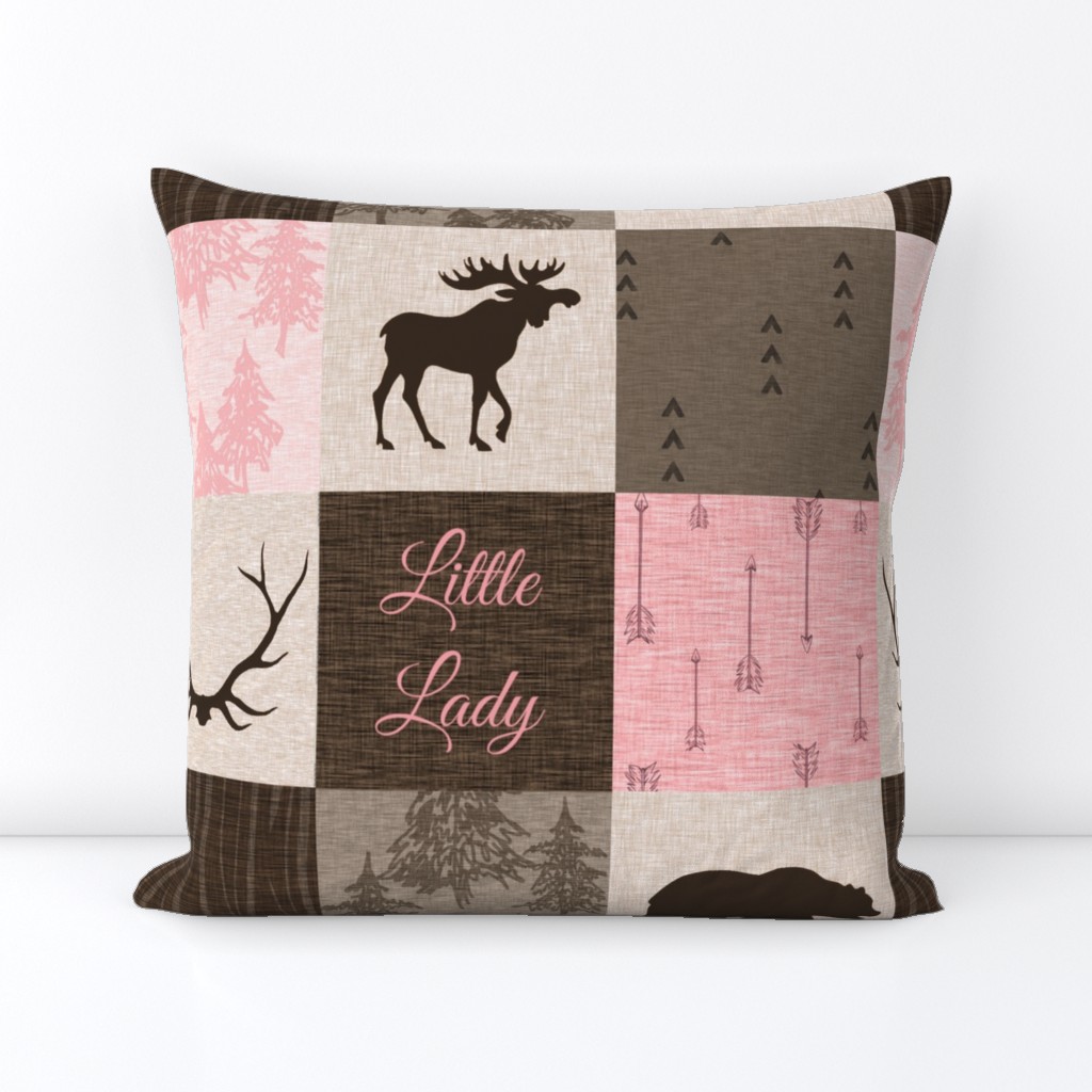 Little Lady Rustic Woodland Quilt - pink and brown - bear, moose, antlers