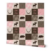 Little Lady Rustic Woodland Quilt - pink and brown - bear, moose, antlers