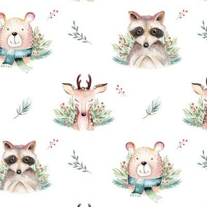 Watercolor new year holidays forest animals: baby deer, bear and raccoon