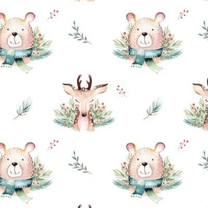 Watercolor new year holidays forest  cute animals: baby deer and bear 