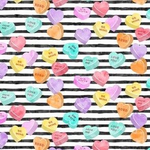 valentines day heart candy - conversation hearts  on stripes