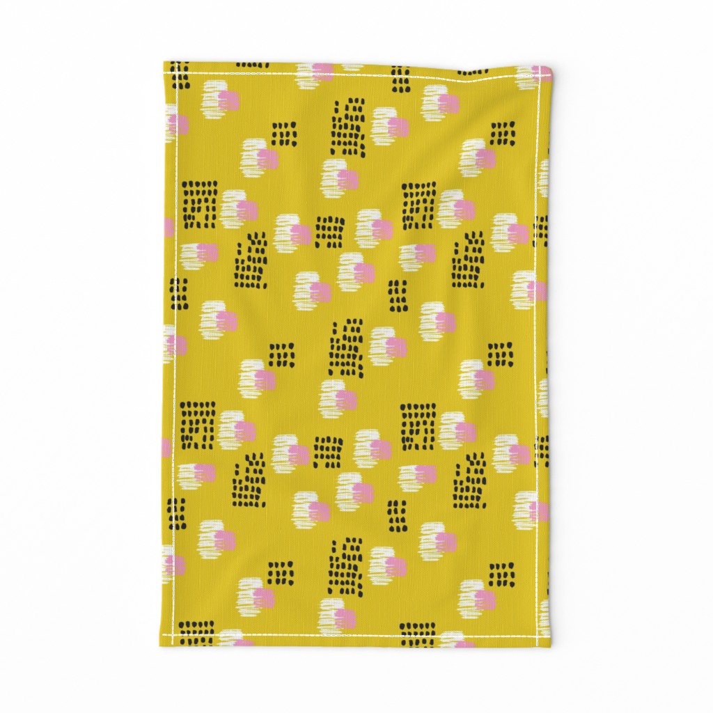 Abstract raw brush dots and dashes pop design in mustard