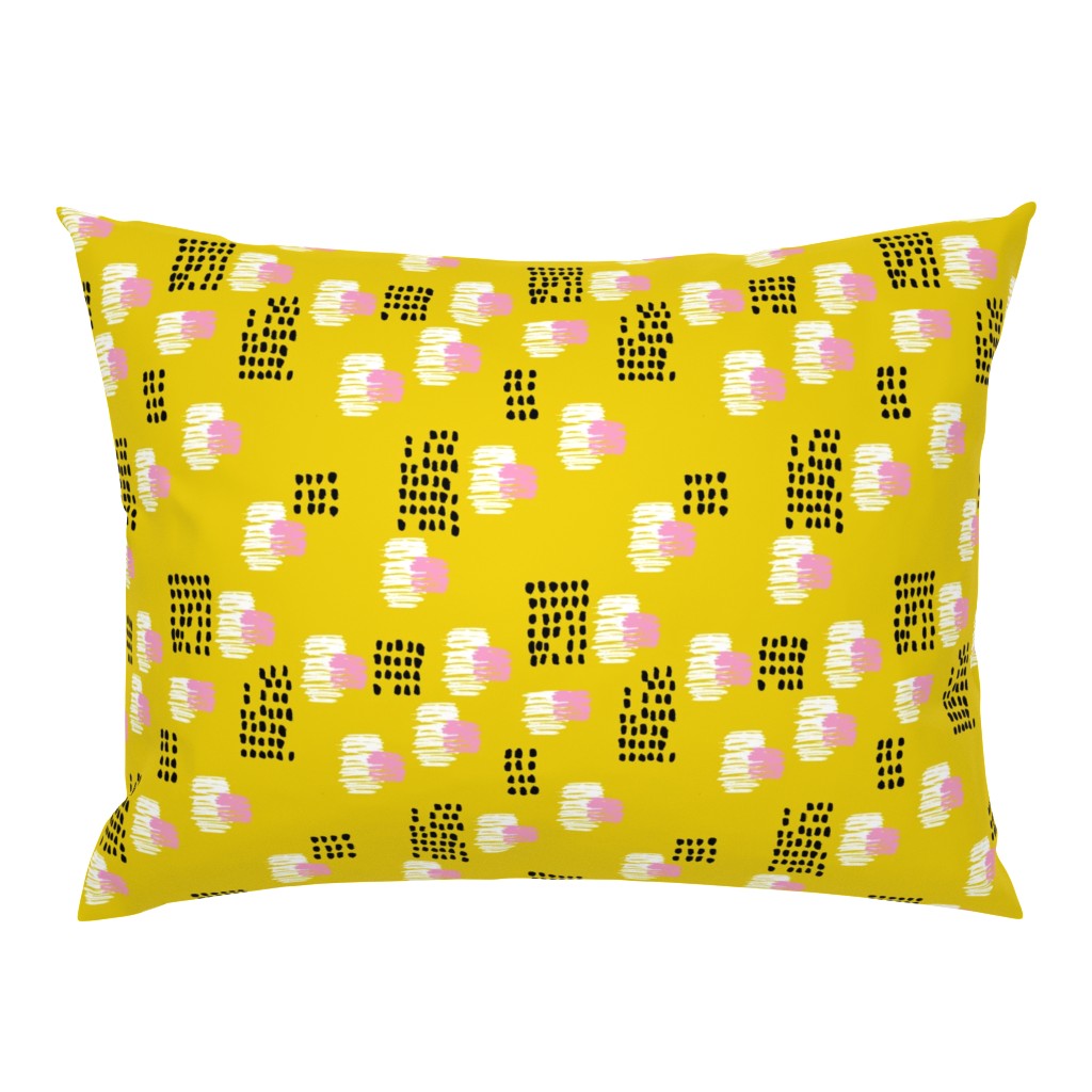 Abstract raw brush dots and dashes pop design in mustard