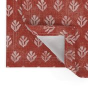 Bali Block Print Leaf, Warm White on Red Sand (large scale) | Hand block printed leaves pattern on vintage terracotta linen texture, burnt sienna batik, rustic block print fabric, natural decor, plant fabric in copper red, red ochre.