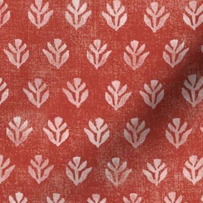 Bali Block Print Leaf, Warm White on Red Sand (large scale) | Hand block printed leaves pattern on vintage terracotta linen texture, burnt sienna batik, rustic block print fabric, natural decor, plant fabric in copper red, red ochre.