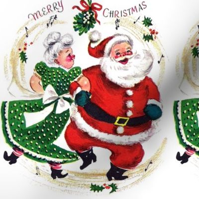 1 Merry Christmas xmas Mrs Santa Claus bows ribbons mistletoe musical notes music dancing dance couples husband wife vintage retro kitsch grandparents grandfather grandmother
